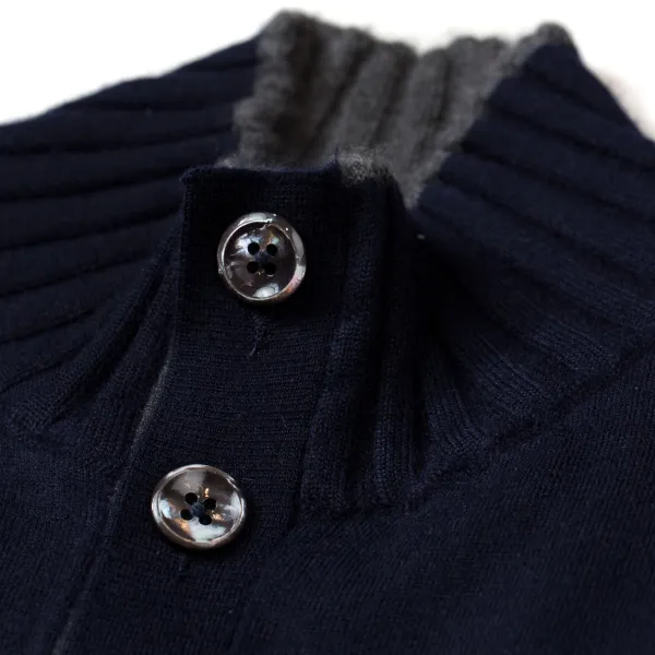 Cesare Attolini Dunkelblauer Cardigan „Bicolor Bomber Rib" Mit Stehkragen Aus P* Strickwaren