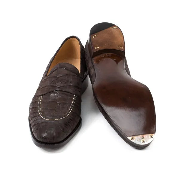 Saint Crispin's Pennyloafer „Kleid" Aus Dunkelbraunem Kroko-Wildleder Reine Handarbeit* Mto